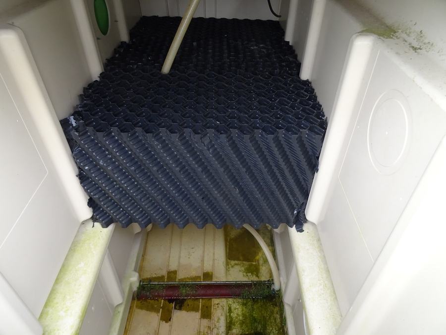 Intérieur d'une micro-station d'épuration : support alvéolé où se fixent les bactéries qui traitent les eaux usées